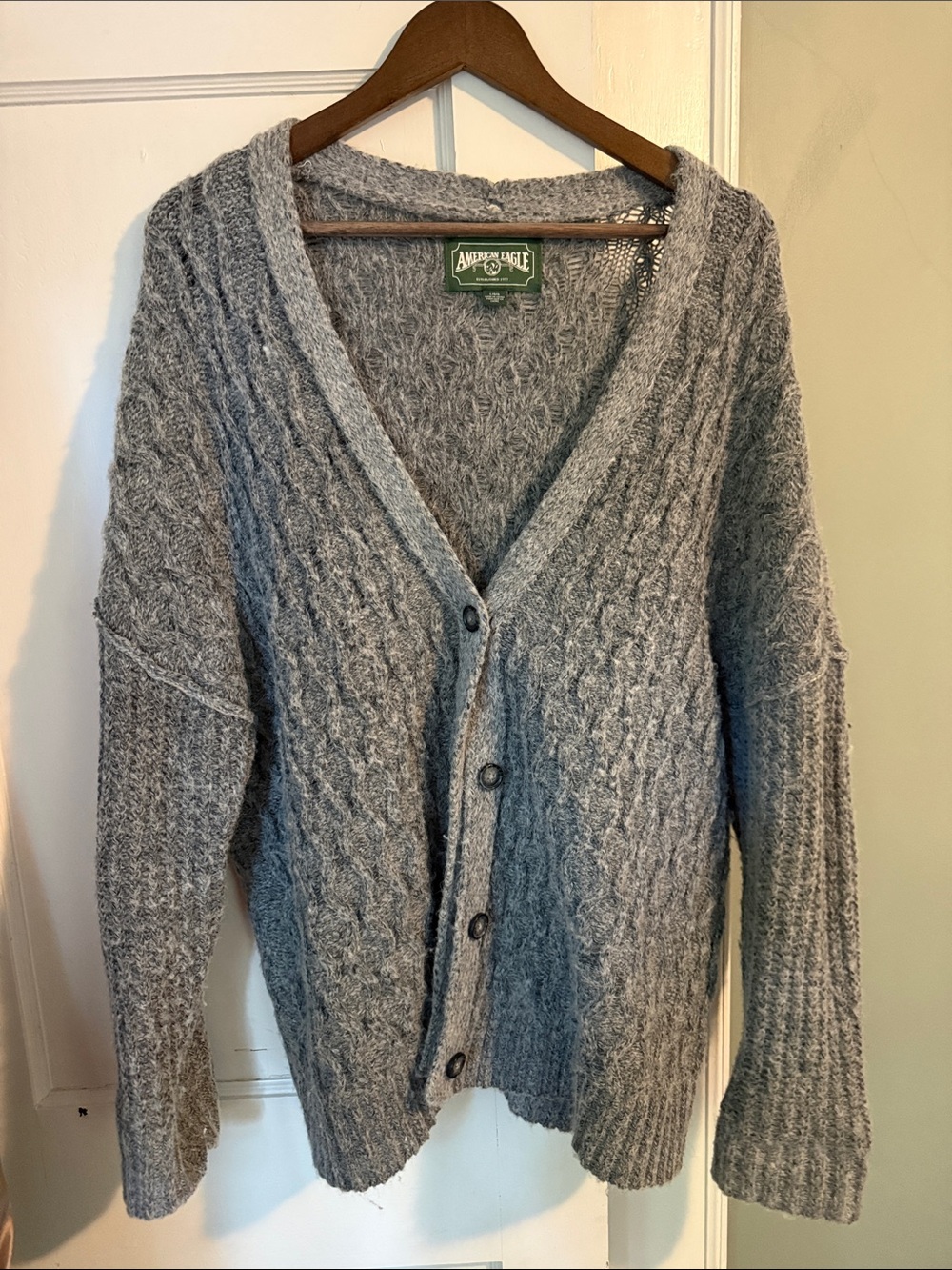 American Eagle Outfitters Heather Gray Cable Knit Button-Front Cardigan